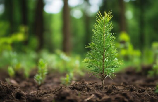 young-pine-tree-sapling-growing-forest-soil-with-blurred-green-background