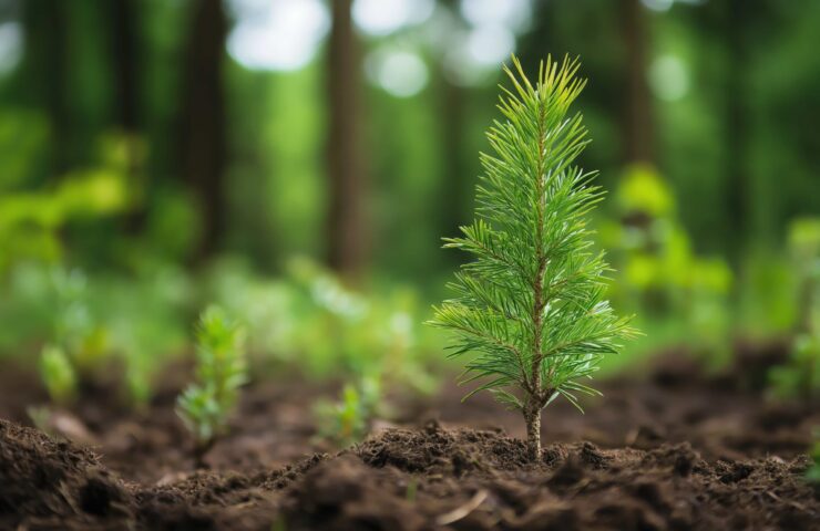 young-pine-tree-sapling-growing-forest-soil-with-blurred-green-background
