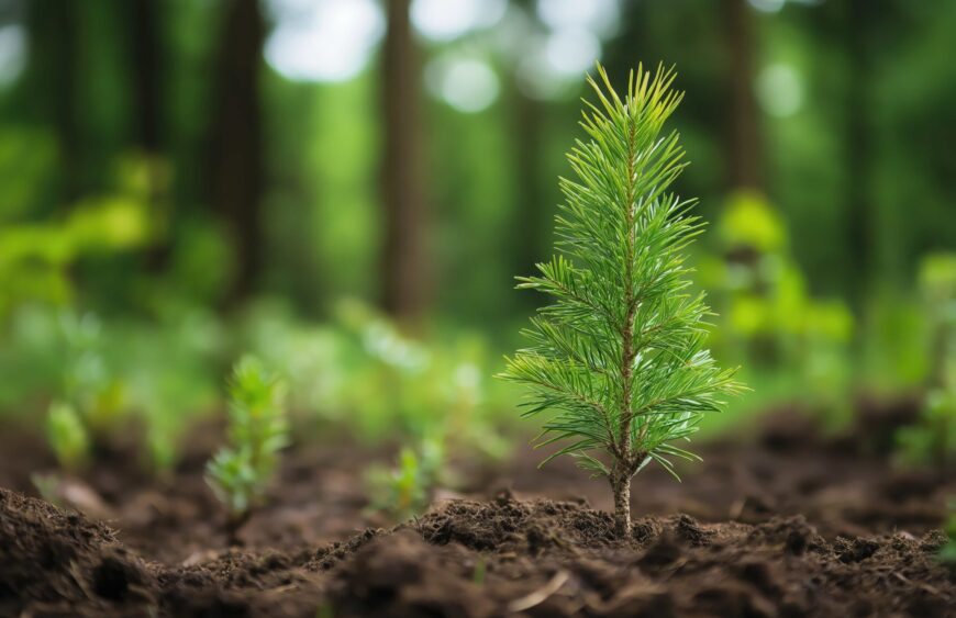 young-pine-tree-sapling-growing-forest-soil-with-blurred-green-background