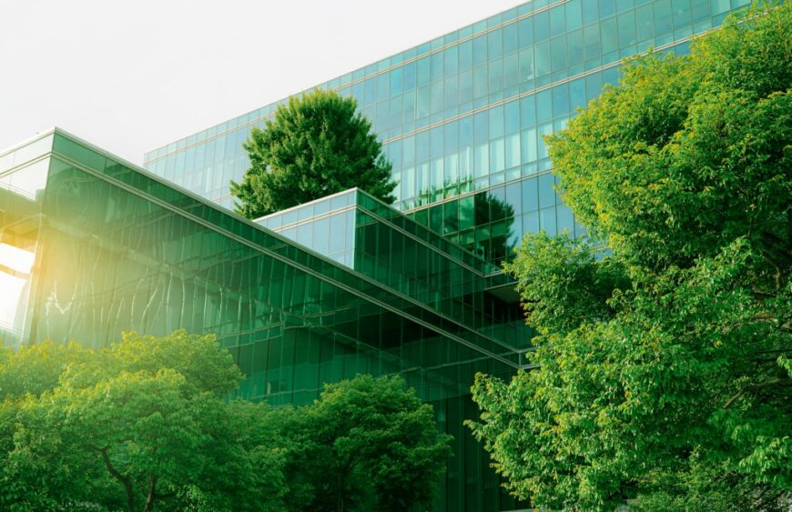 Sustainble green building. Eco-friendly building. Sustainable gl