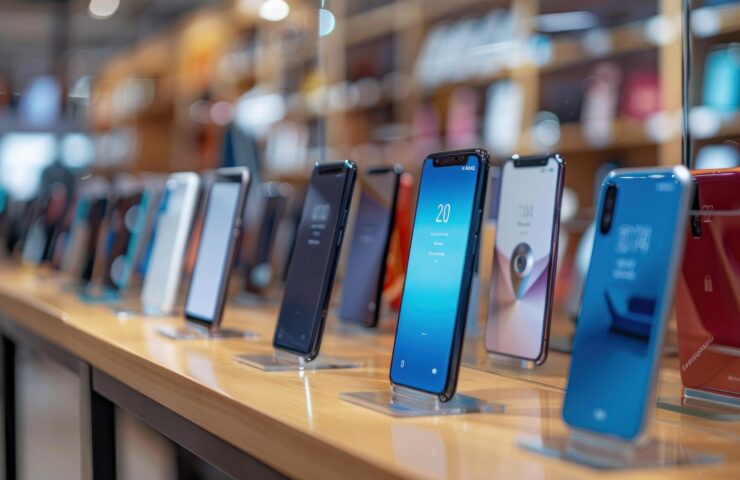 row-various-colored-styled-smartphones-were-displayed-counter