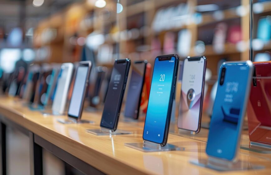 row-various-colored-styled-smartphones-were-displayed-counter